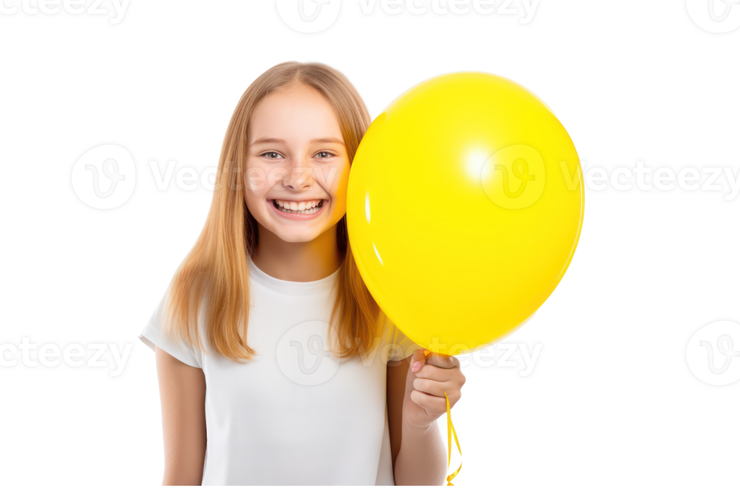 AI generated beautiful girl holding yellow balloon on an isolated transparent background png