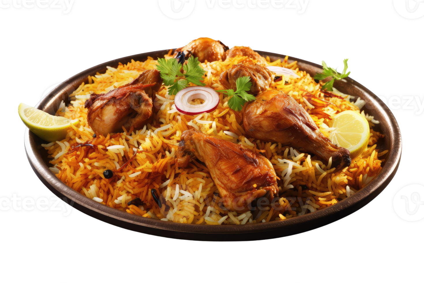AI generated chicken biryani on isolated transparent background png