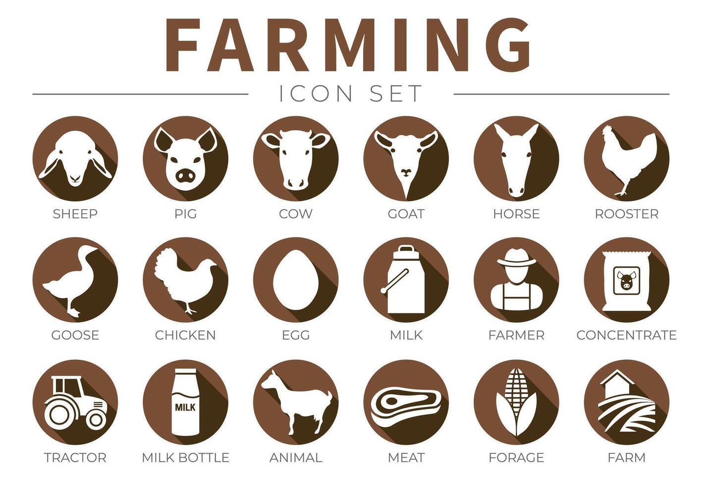 Brown Farming Icon Set with Farm Animals of Sheep, Pig, Cow, Goat, Horse, Rooster, Goose, Chicken, Egg, Milk, Farmer, Concentrate, Tractor, Bottle, Animal, Meat and Forage Icons. vector
