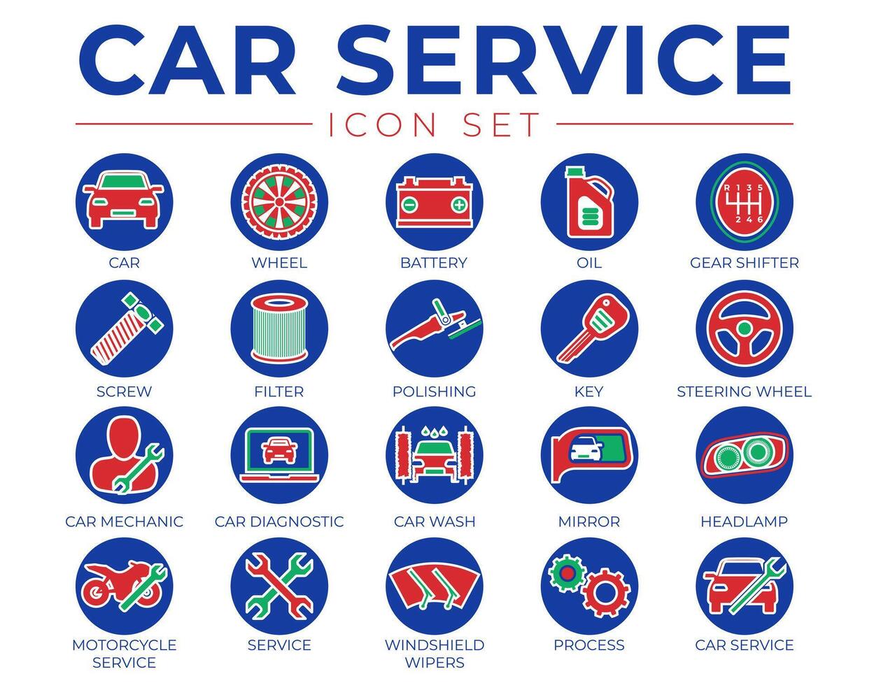 Car Service Round Outline Icons Set with Battery, Oil, Gear Shifter, Filter, Polishing, Key, Steering Wheel, Diagnostic, Wash, Mirror, Headlamp Icons in Blue, Green and Red Color vector