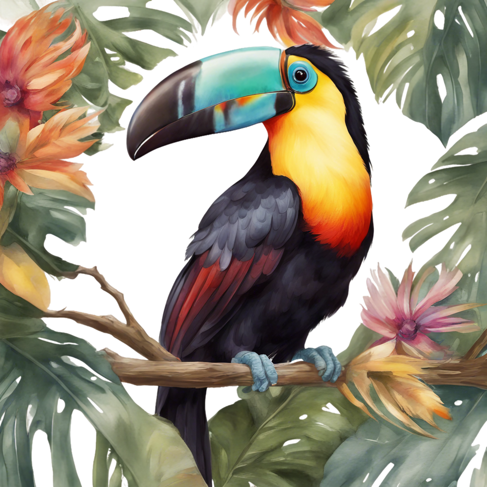 AI generated toucan on a tree branch with tropical leaves png