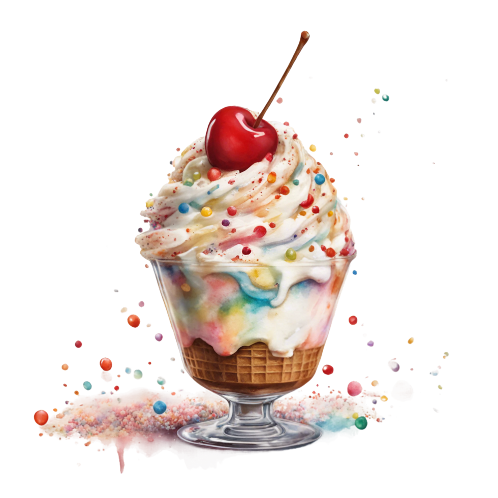 ai gerado gelo creme sundae com colorida granulados, uma brilhante vermelho cereja, e uma redemoinho do açoitado creme png