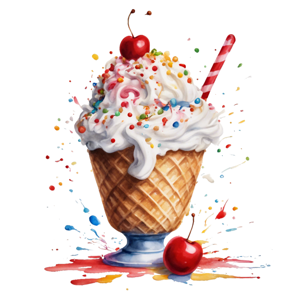 AI generated ice cream sundae with colorful sprinkles, a bright red cherry, and a swirl of whipped cream png
