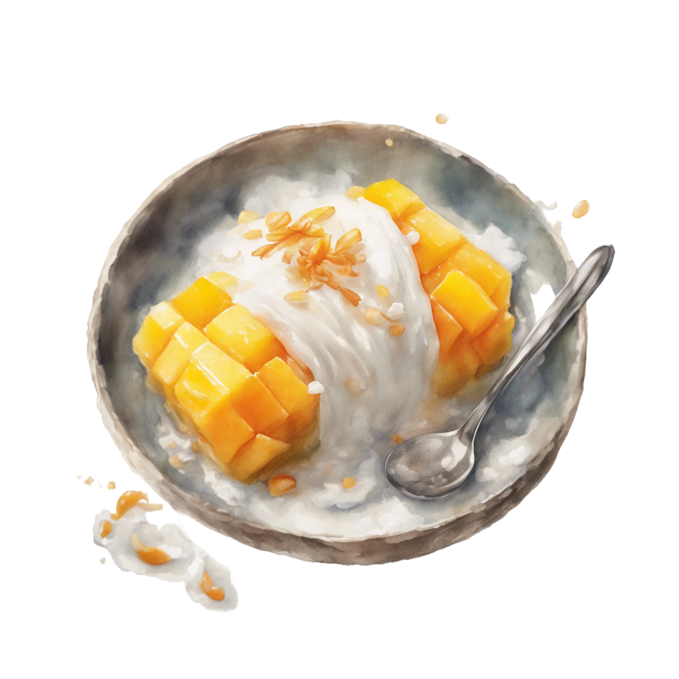 AI generated mango sticky rice dessert, with a generous drizzle of sweet coconut cream png