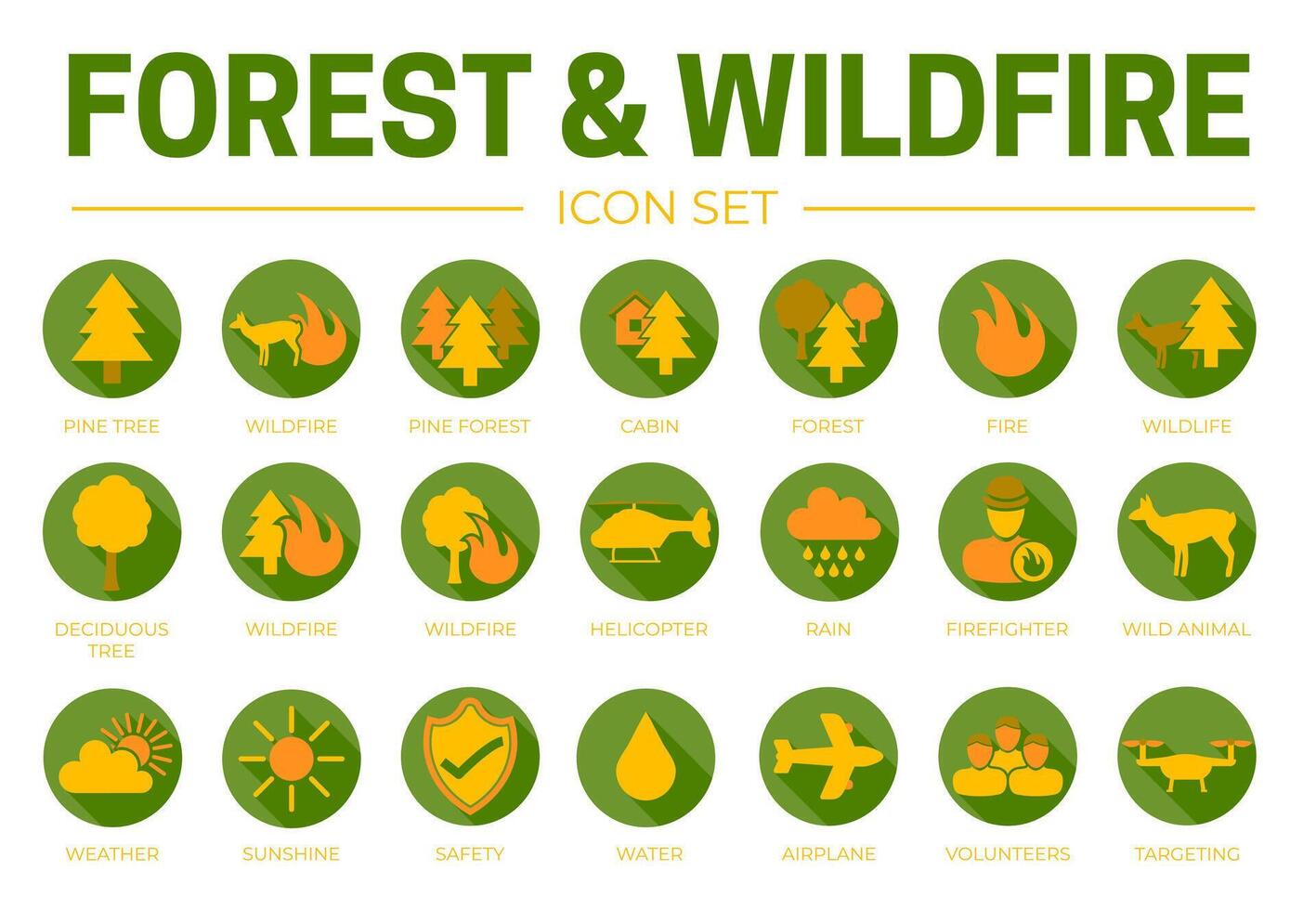 Green and Yellow Forest and Wildfire Round Icon Set with Fire Pine Cabin Wildlife Helicopter, Rain, Weather, Firefighter, Wild Animal, Drone, Water, Airplane, Volunteers, Soil Safety, Sunshine Symbols vector