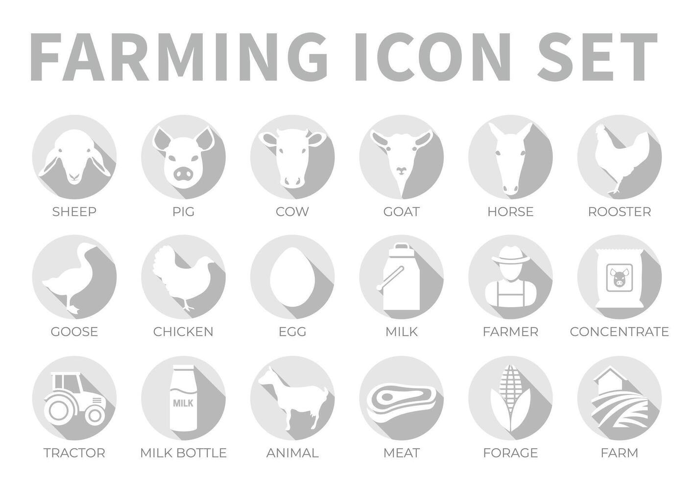 Flat Gray Farm or Farming Icon Set of Sheep, Pig, Cow, Goat, Horse, Rooster, Goose, Chicken, Egg, Milk, Farmer, Concentrate, Tractor, Bottle, Animal, Meat, Forage and Farm Icons. vector