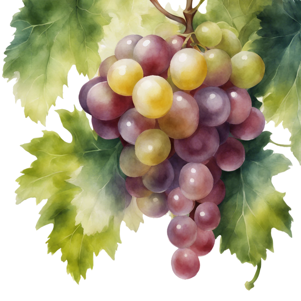 AI generated A ripe bunch of grapes hangs from a green vine in a vineyard png