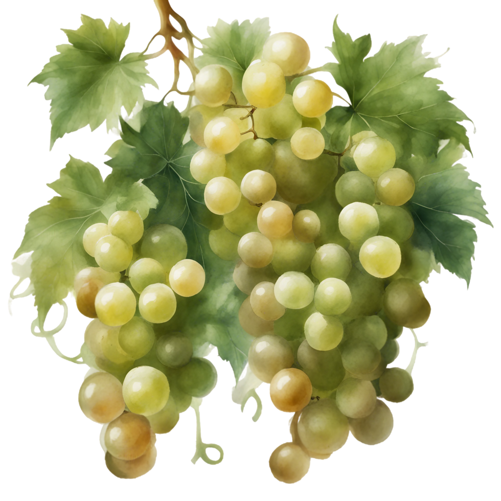 AI generated A ripe bunch of grapes hangs from a green vine in a vineyard png