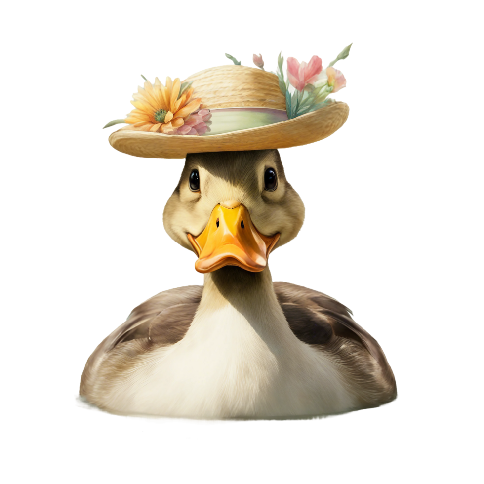 AI generated A colorful duck, possibly a mandarin, wears a flower on its head png