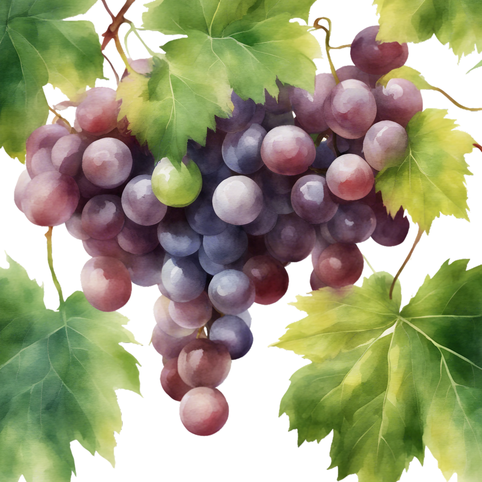 AI generated A ripe bunch of grapes hangs from a green vine in a vineyard png