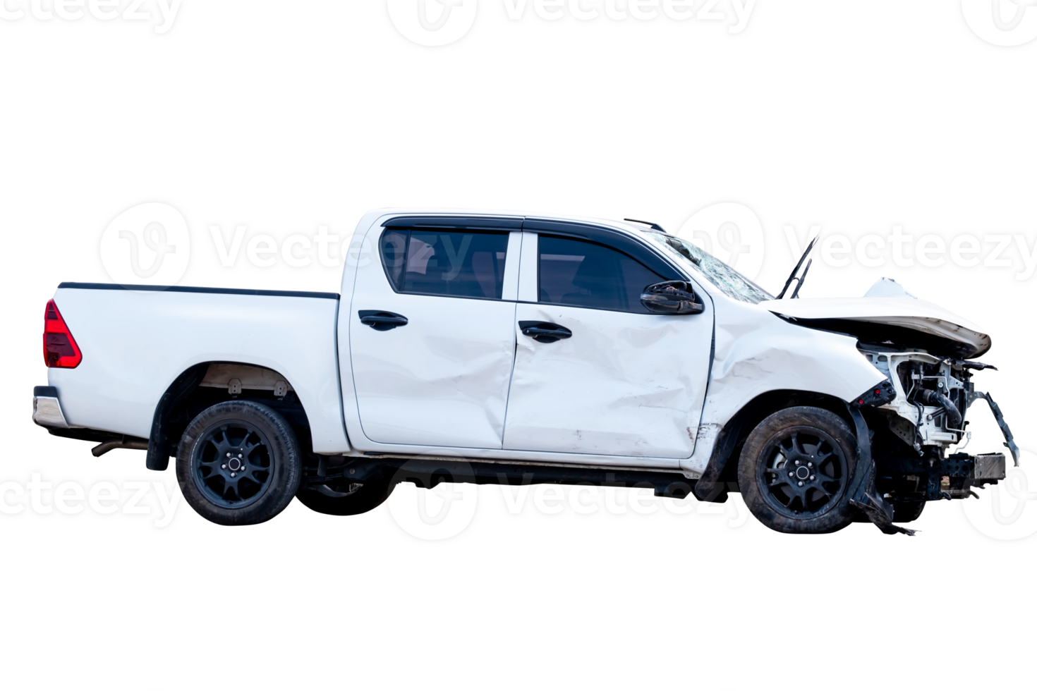 Car crash, Side view of white pickup car get hard damaged by accident on the road. damaged cars after collision. isolated on transparent background, PNG File