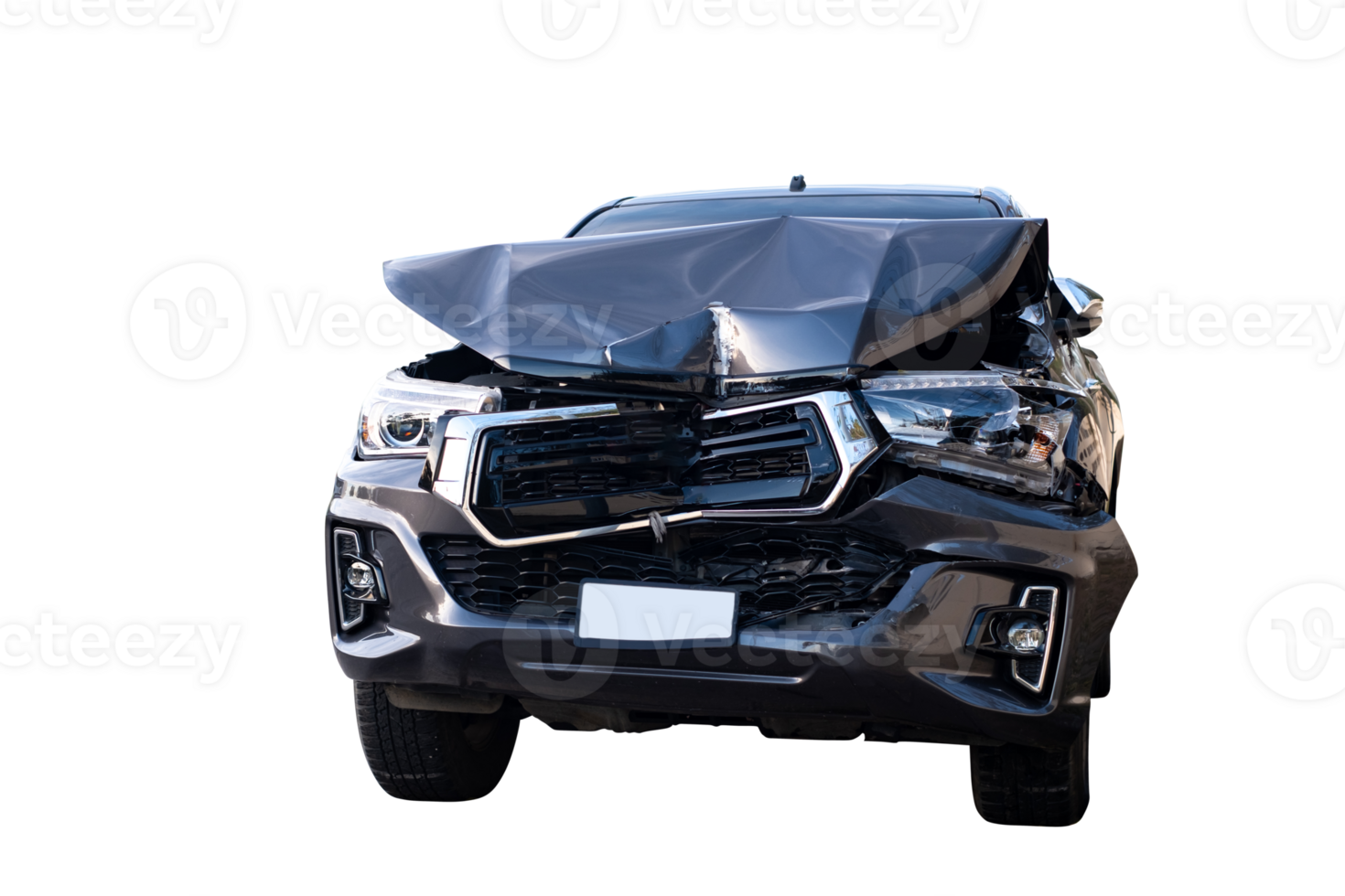 Car Crash, Front view of black pickup truck car get damaged by accident on the road. damaged cars after collision. isolated on transparent background, Car and casualty insurance, PNG File