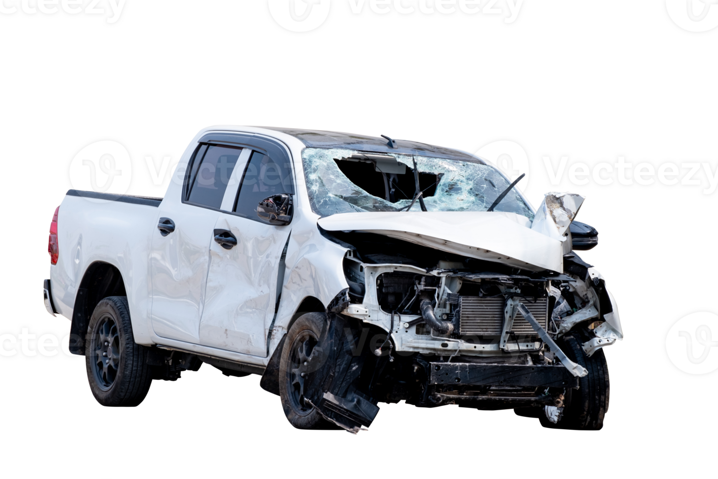 Car crash, Front and Side view of white pickup car get hard damaged by accident on the road. damaged cars after collision. isolated on transparent background, PNG File