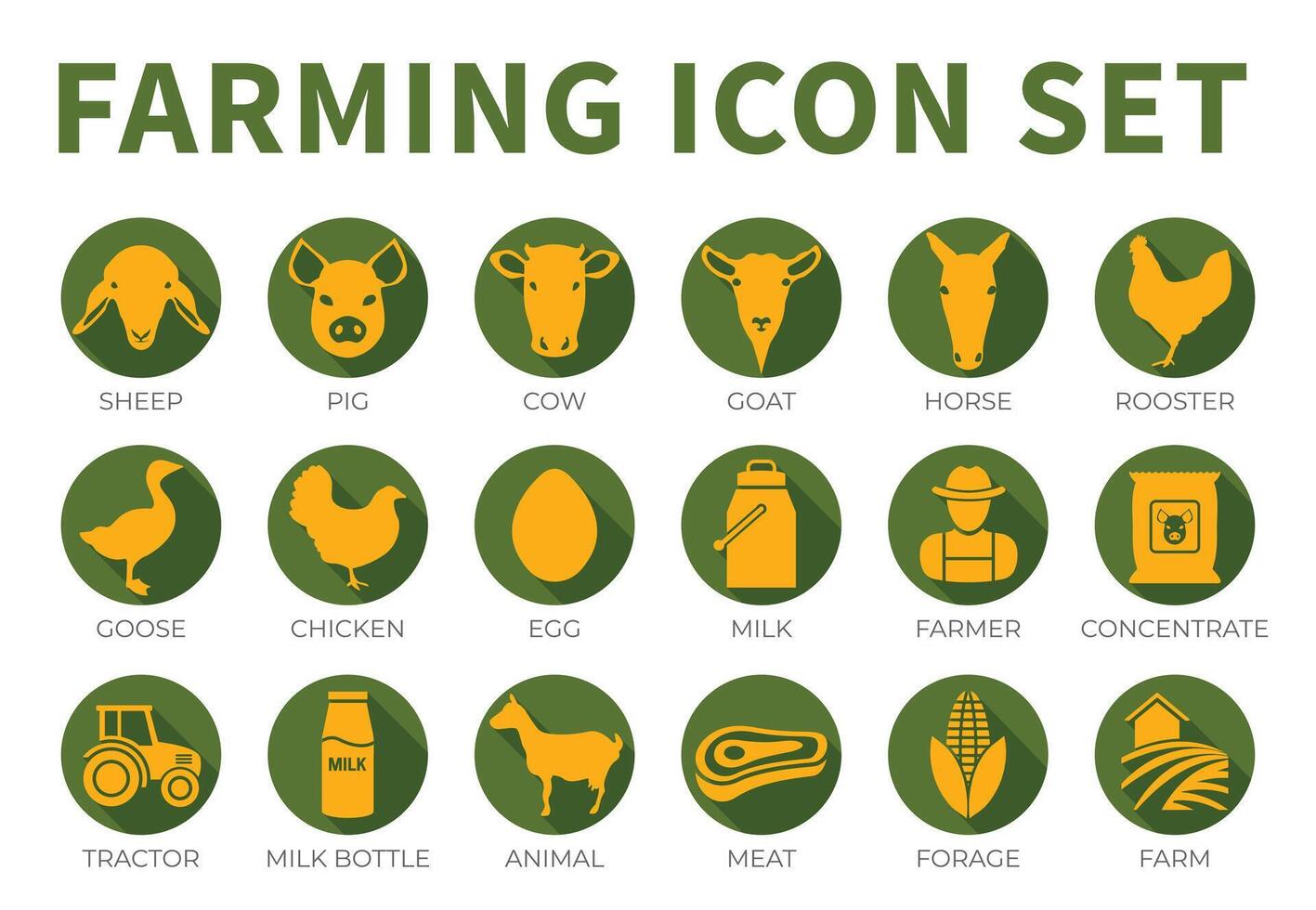 Green Colorful Round Farming or Farm Icon Set of Sheep, Pig, Cow, Goat, Horse, Rooster, Goose, Chicken, Egg, Milk, Farmer, Concentrate, Tractor, Bottle, Animal, Meat and Forage Icons. vector