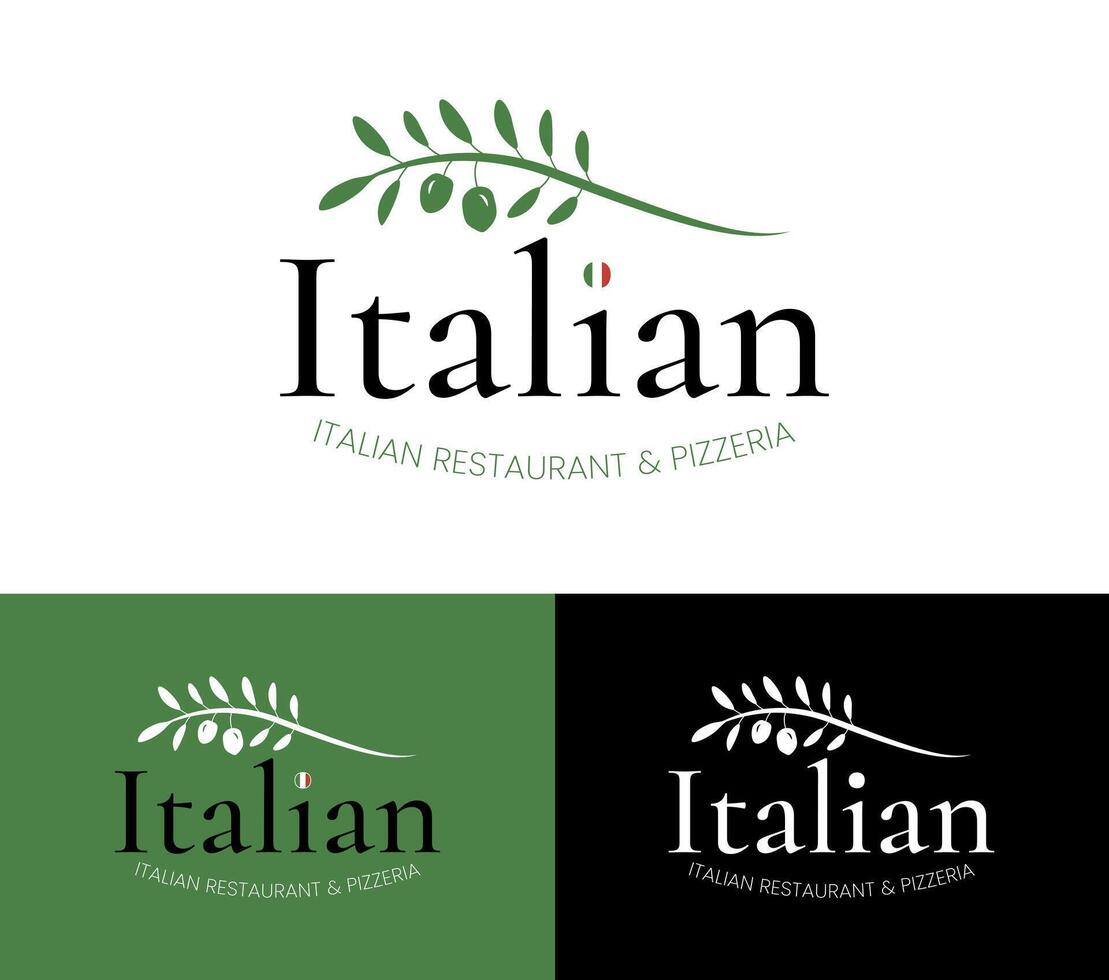 italiano restaurante y pizzería logo con resumen aceituna rama vector