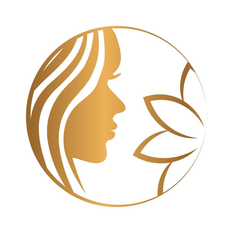 Gold Beauty or Wellness Salon Logo with Woman Face and Lotus Flower vector