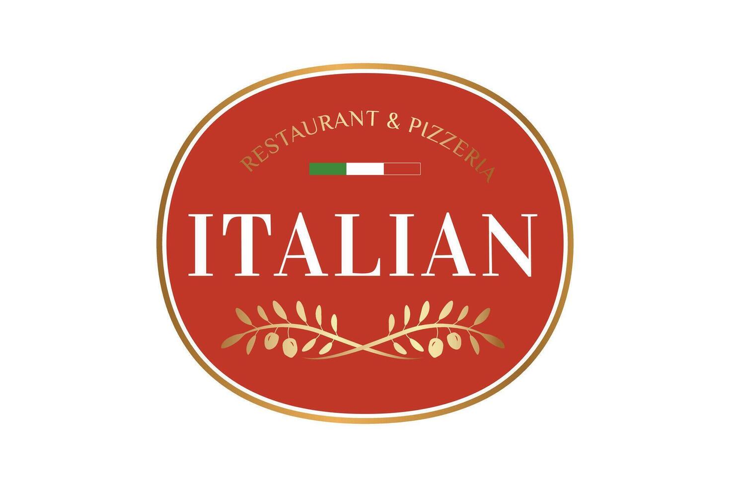 elegante italiano restaurante y pizzería logo. redondo rojo oro Insignia vector