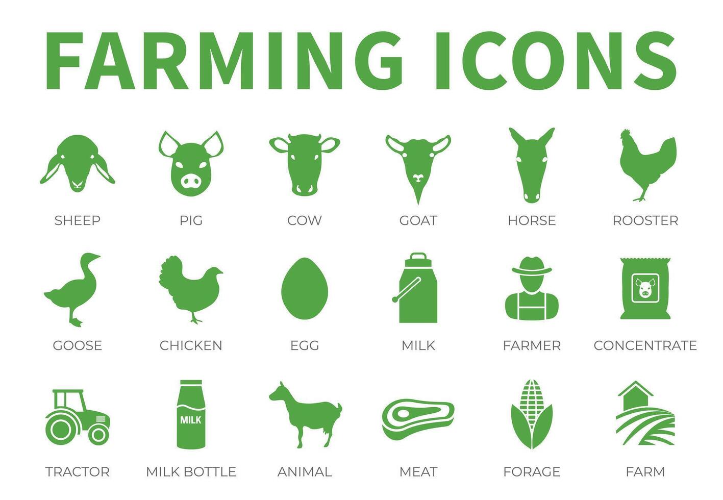 Farming Icon Set of Sheep, Pig, Cow, Goat, Horse, Rooster, Goose, Chicken, Egg, Milk, Farmer, Concentrate, Tractor, Bottle, Animal, Meat, Forage and Farm Icons. vector