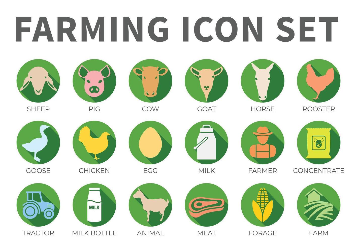 Green Colorful Farming or Farm Icon Set of Sheep, Pig, Cow, Goat, Horse, Rooster, Goose, Chicken, Egg, Milk, Farmer, Concentrate, Tractor, Bottle, Animal, Meat and Forage Flat Nice Icons. vector