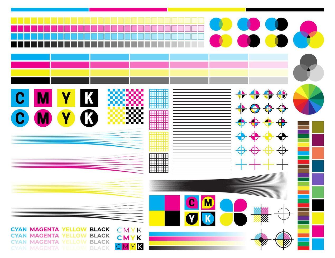 CMYK Print Calibration Illustration with Offset Printing Marks and Color Tests vector