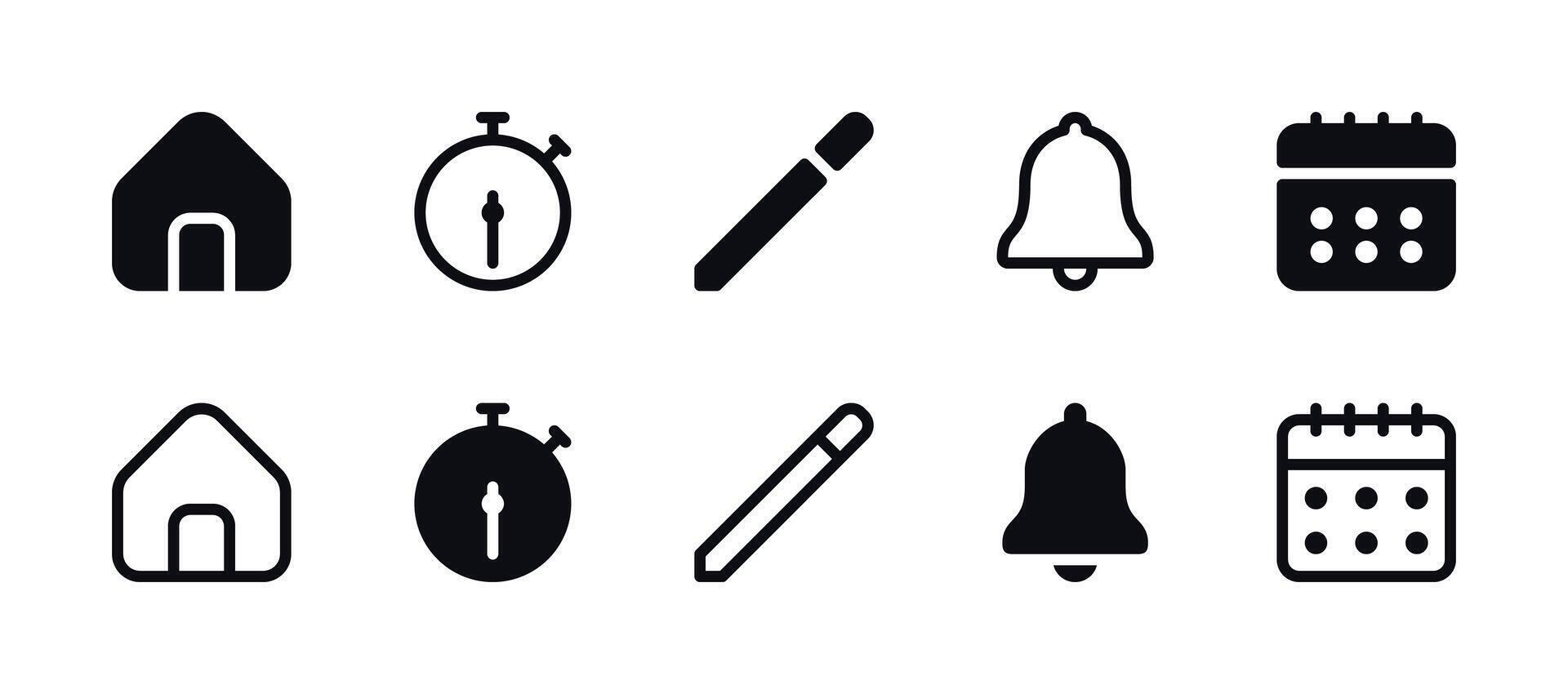 Date and Time Icon Set - Address, Schedule, Timer, Clock, Edit Tool, Calendar, Bell Notification vector