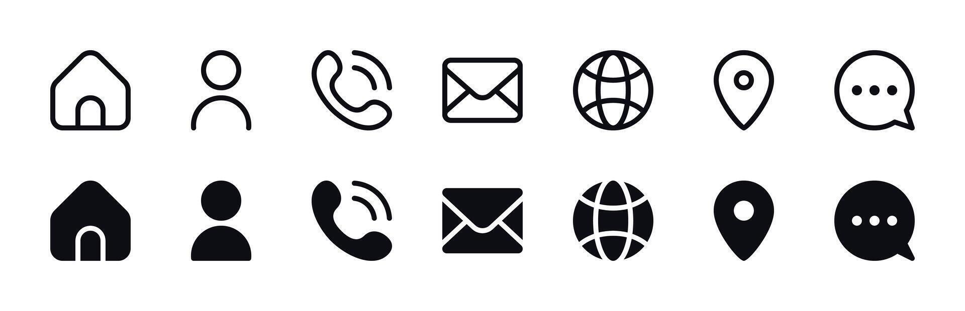 Contacts Icon Set - Address, Home, Call, Globe, Email, Chat Bubble, Map Pin, User vector