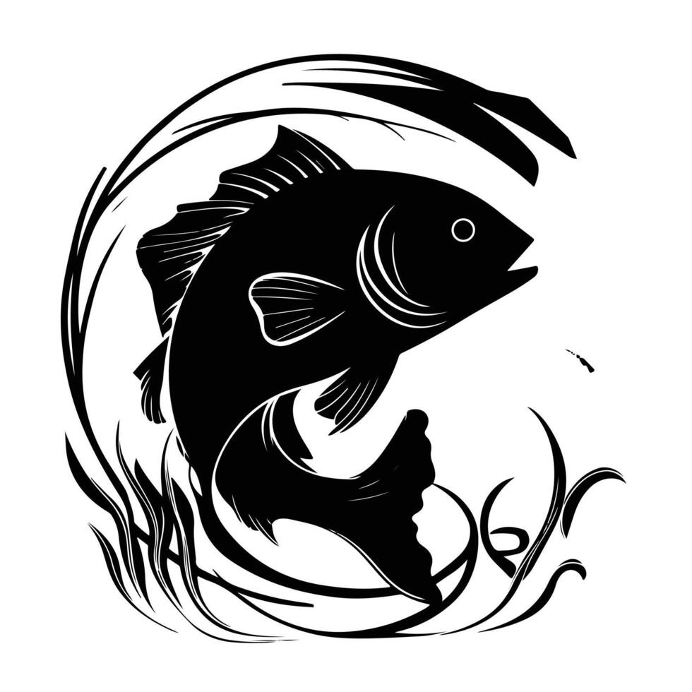 un pescado debajo el mar con césped silueta vector ilustración en negro y blanco