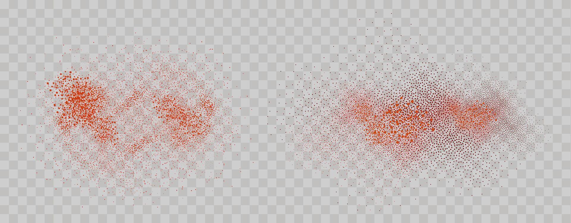 Grainy scatterings of  spicy burst . Splashes of  red pepper powder.Overlay effect chilli or paprika spice splatters. Vector realistic illustration of hot dried spice.