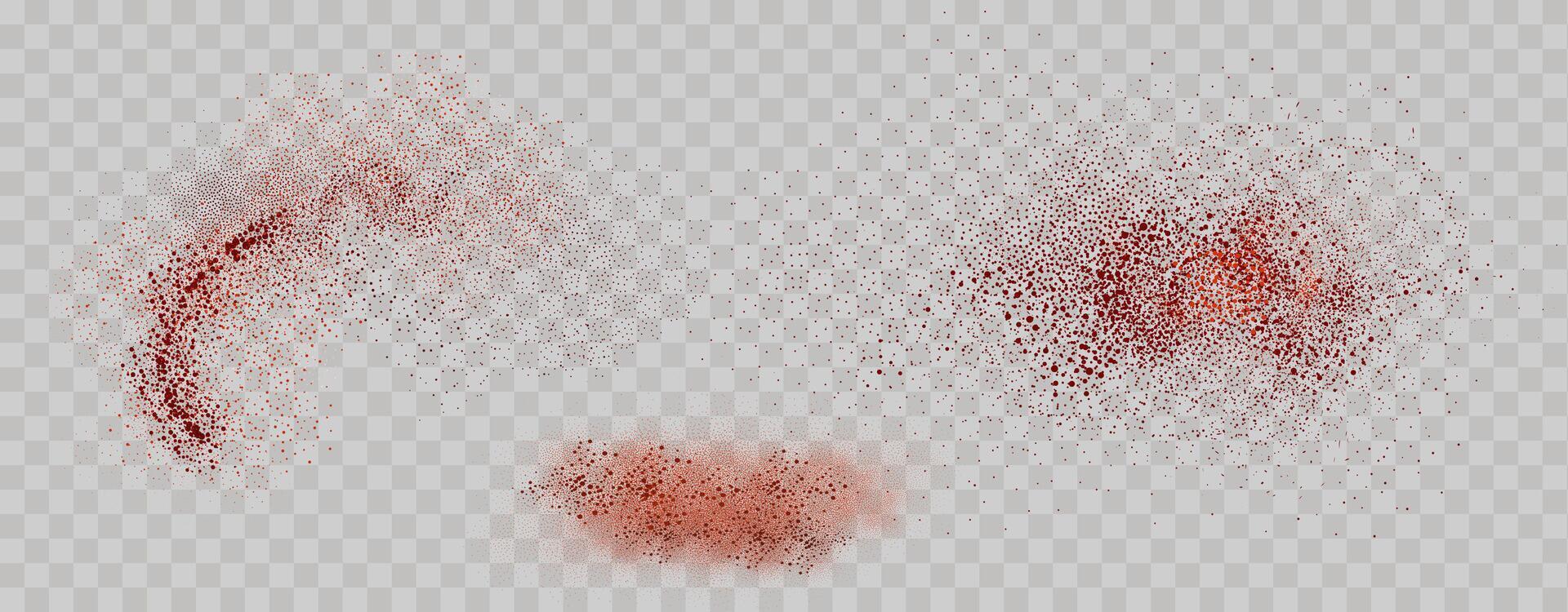 Grainy scatterings of  spicy burst . Splashes of  red pepper powder.Overlay effect chilli or paprika spice splatters. Vector realistic illustration of hot dried spice.