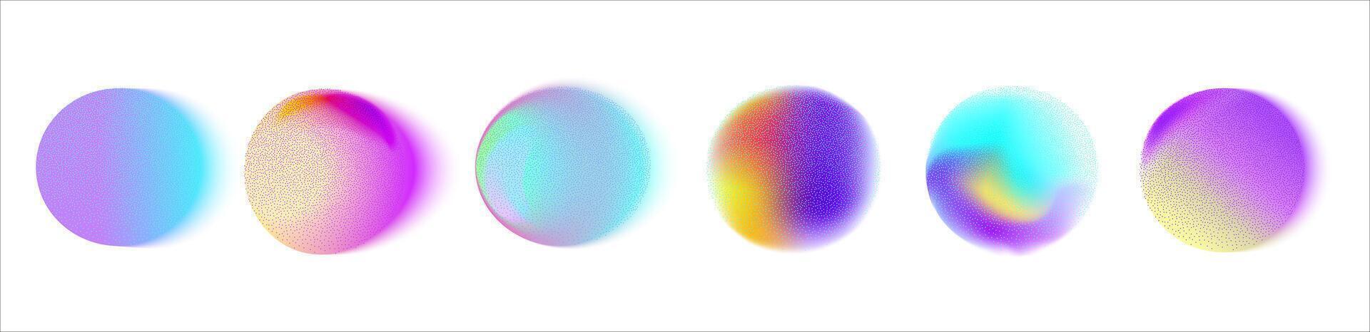 Set of vector illustration featuring an abstract radial gradient blur in shades of purple,green and  blue.Vibrant set of aura glow rounds with a soft  dot neon element.Color holographic round shapes.