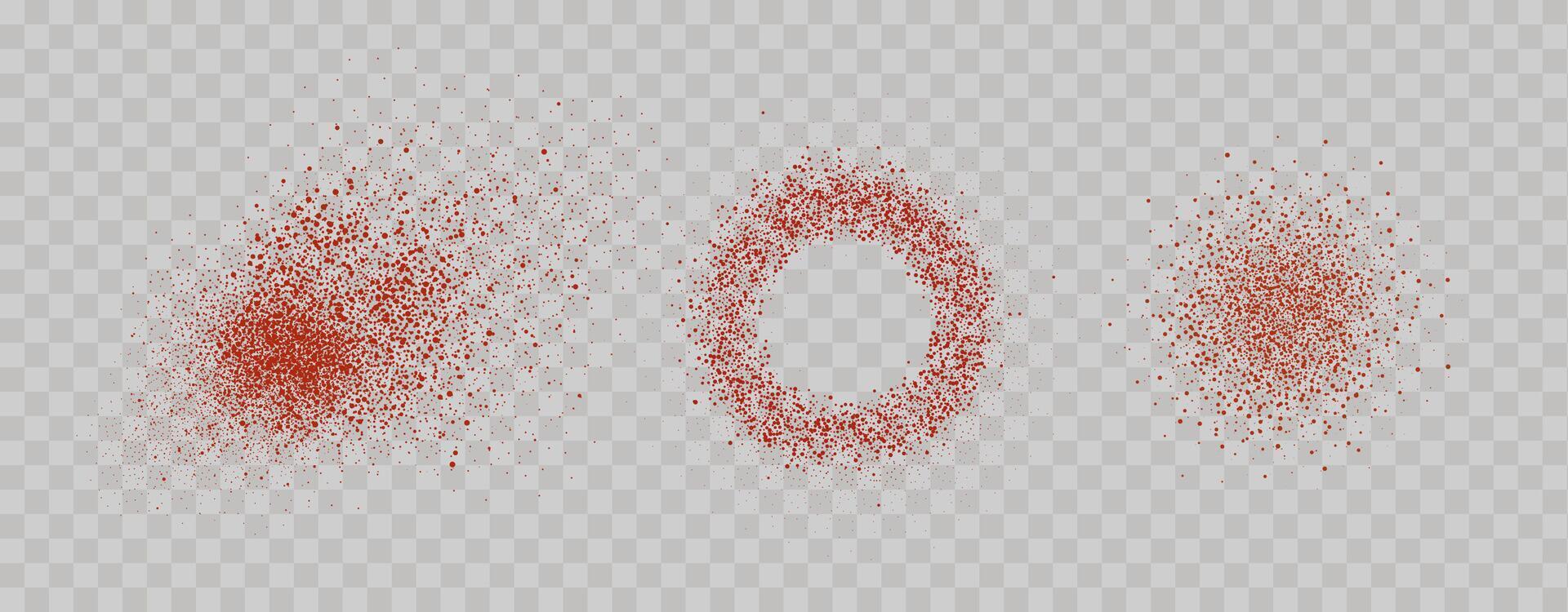 Grainy scatterings of  spicy burst . Splashes of  red pepper powder.Overlay effect chilli or paprika spice splatters. Vector realistic illustration of hot dried spice.
