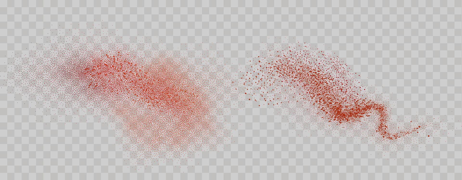 Grainy scatterings of  spicy burst . Splashes of  red pepper powder.Overlay effect chilli or paprika spice splatters. Vector realistic illustration of hot dried spice.