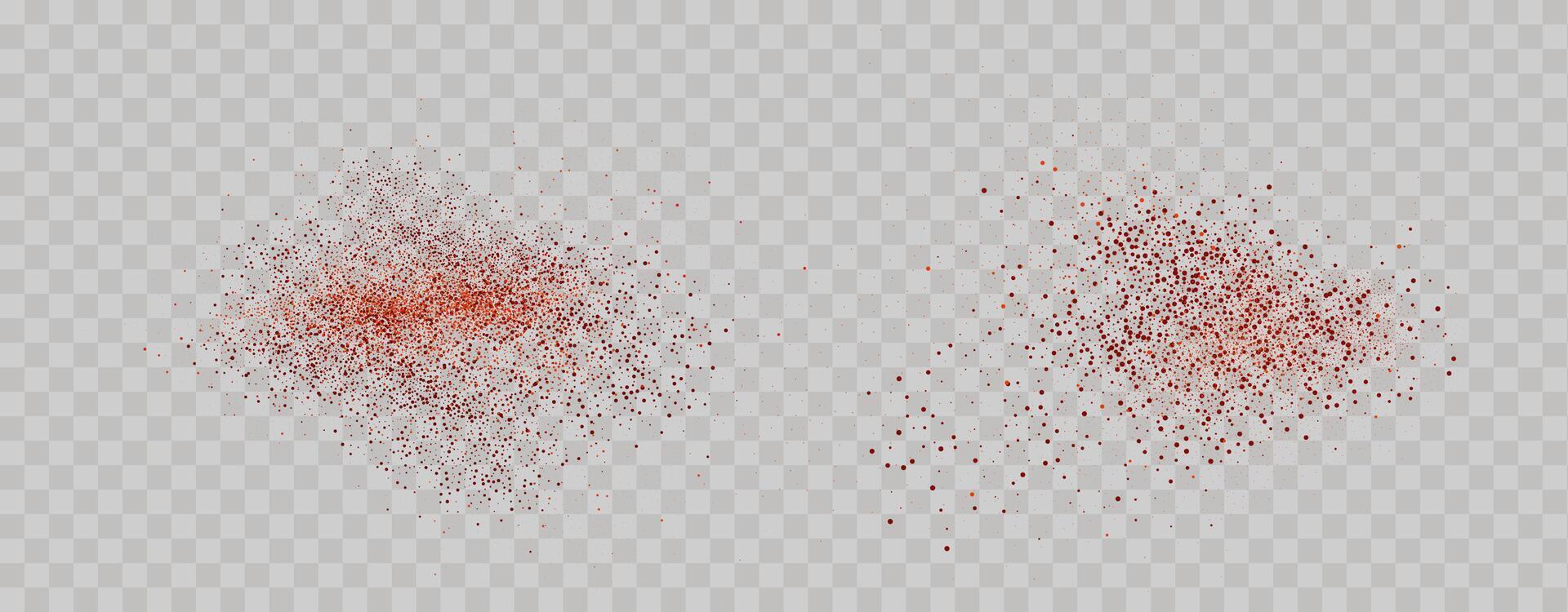 Grainy scatterings of  spicy burst . Splashes of  red pepper powder.Overlay effect chilli or paprika spice splatters. Vector realistic illustration of hot dried spice.