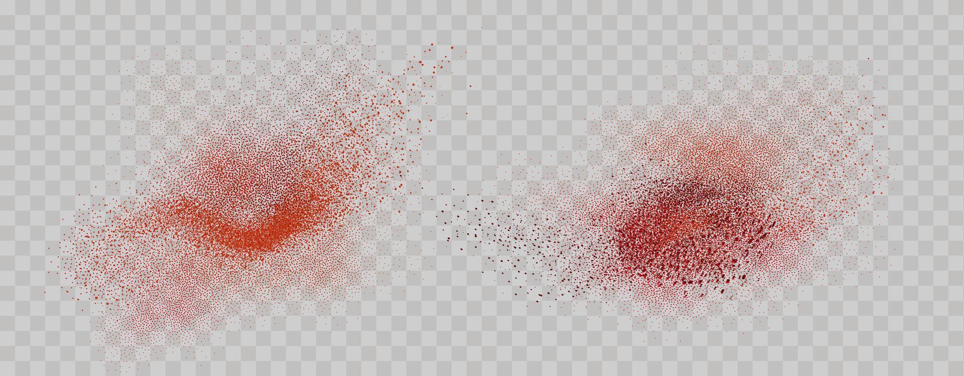 Grainy scatterings of  spicy burst . Splashes of  red pepper powder.Overlay effect chilli or paprika spice splatters. Vector realistic illustration of hot dried spice.