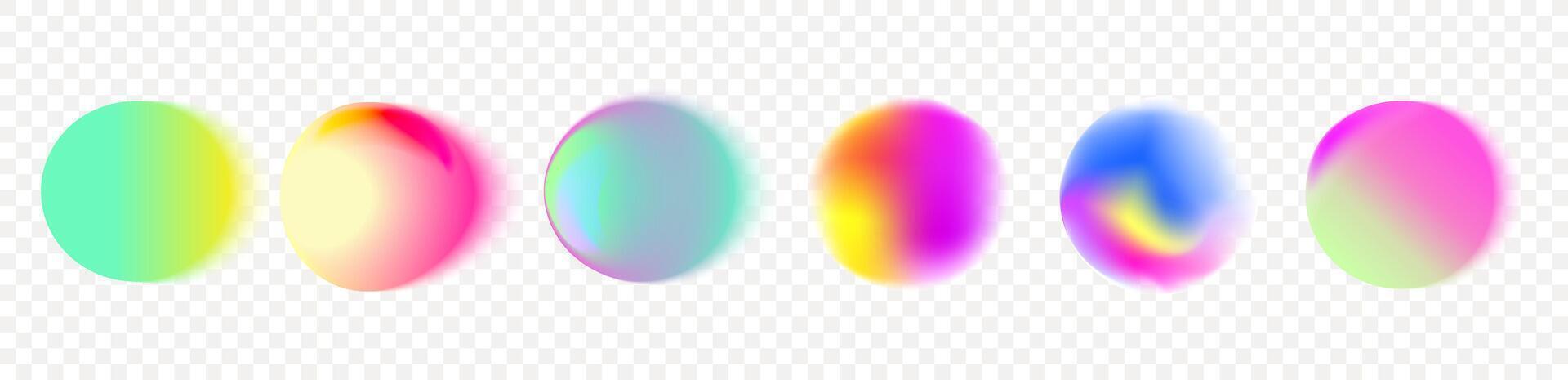 Set of vector illustration featuring an abstract radial gradient blur in shades of purple,green and  blue.Vibrant set of aura glow rounds with a soft  dot neon element.Color holographic round shapes.