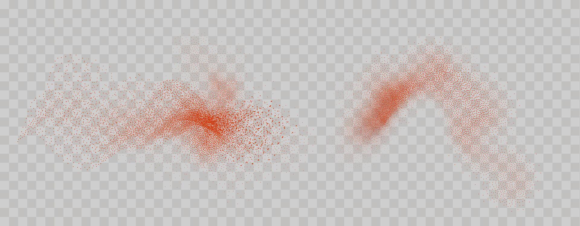Grainy scatterings of  spicy burst . Splashes of  red pepper powder.Overlay effect chilli or paprika spice splatters. Vector realistic illustration of hot dried spice.