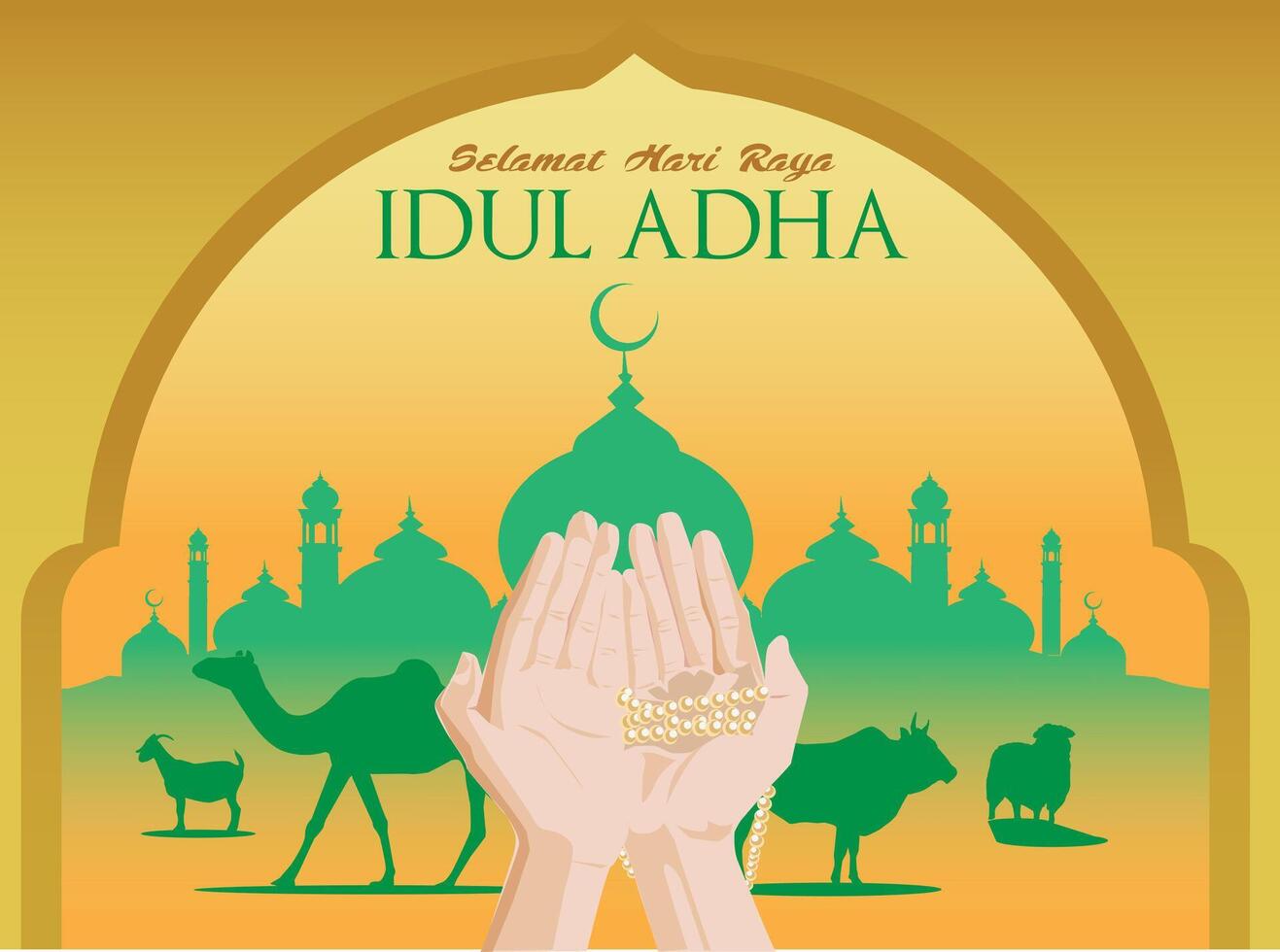 vector mosque camel cow goat lamb sheep silhouette happy eid al adha mubarak orange gold green sky cloud gradient background frame ornament arabic with hands and prayer rosary