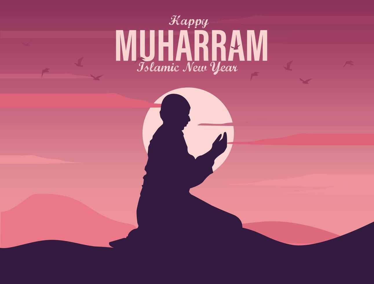 vector of a muslim silhouette praying in desert field sunset of the Islamic new year of muharram