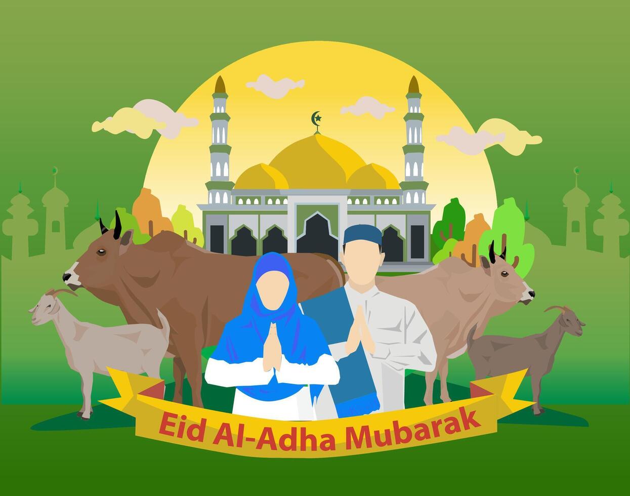 vector silueta musulmán Pareja Orando disculparse cabra vaca buey qurban en mezquita ligero nublado amarillo cielo celebrando contento eid Alabama adha Mubarak plano estilo