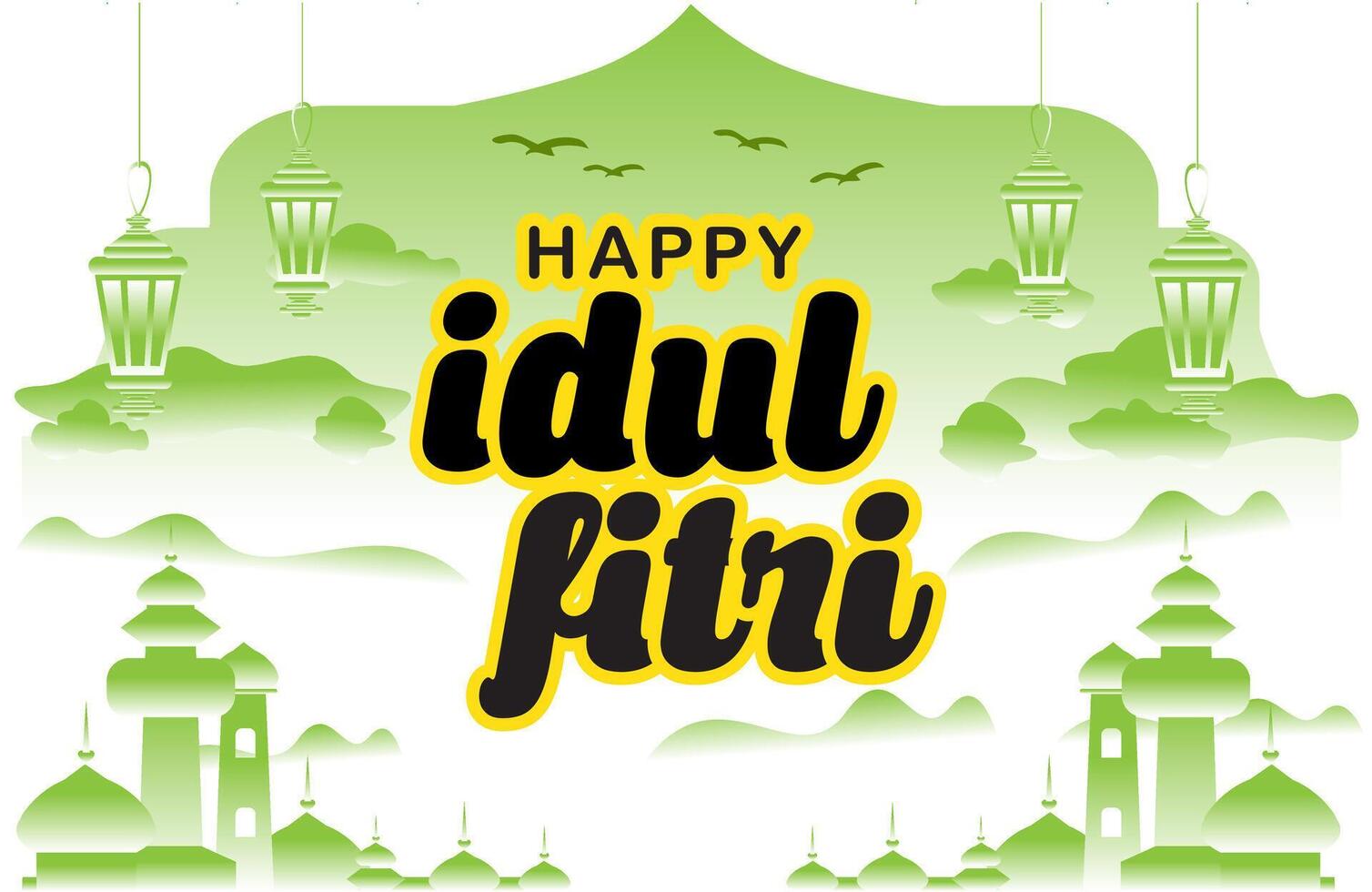 vector happy idul fitri mosque silhouette lantern arabic sky cloudy birds fresh green background