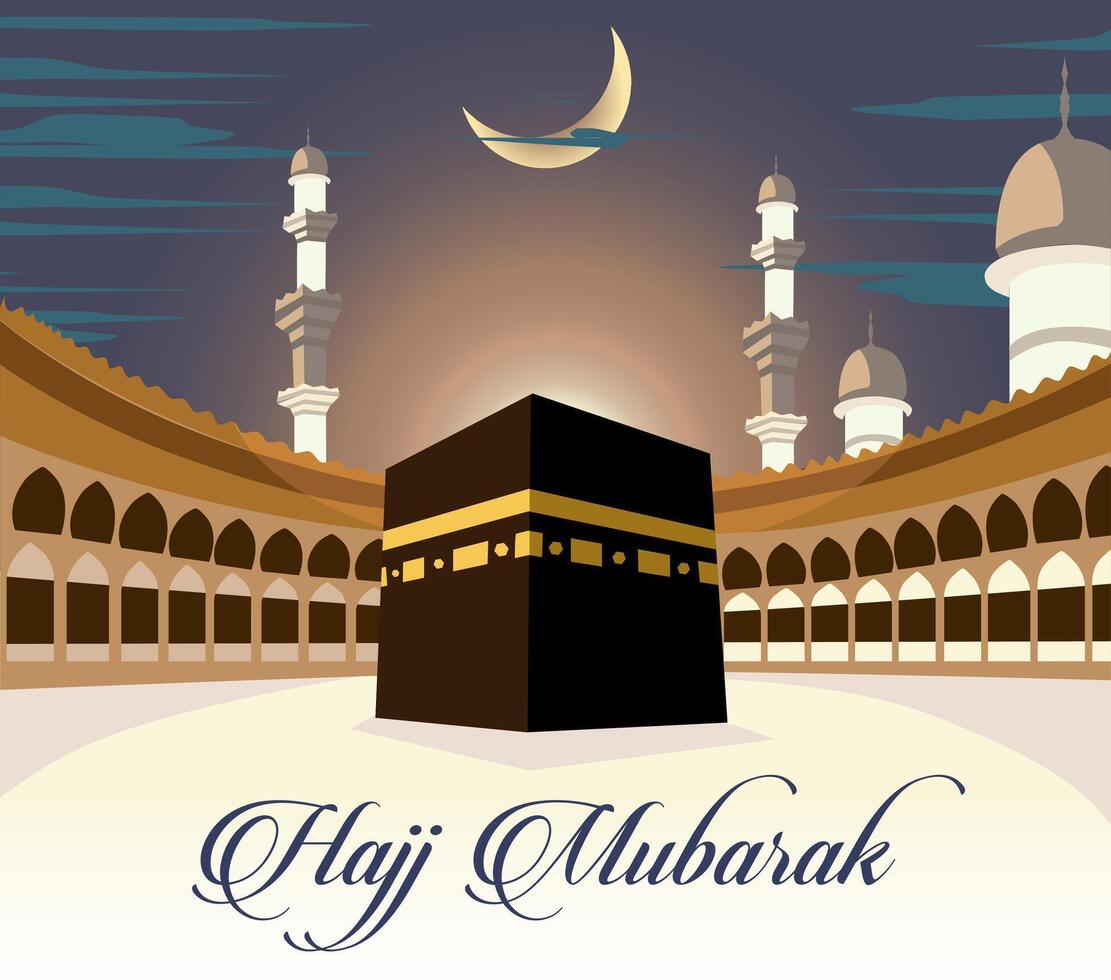 vector eid al hajj mubarak kaaba with towers and mosques masjidil haram baitullah mecca saudi arabia moon crescent and cloudy dark sky night time