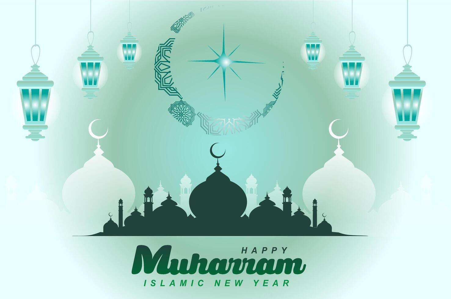 vector mosque silhouette and crescent moon star celebrate happy muharram islamic new year ornament arabic green blue white mint gradient background