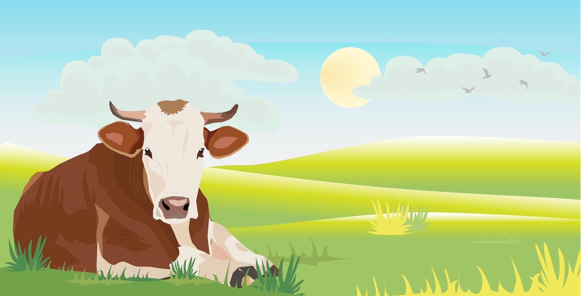 vector illustration brown white cream cow sitting lying on the grass field hill field village in the morning sunny