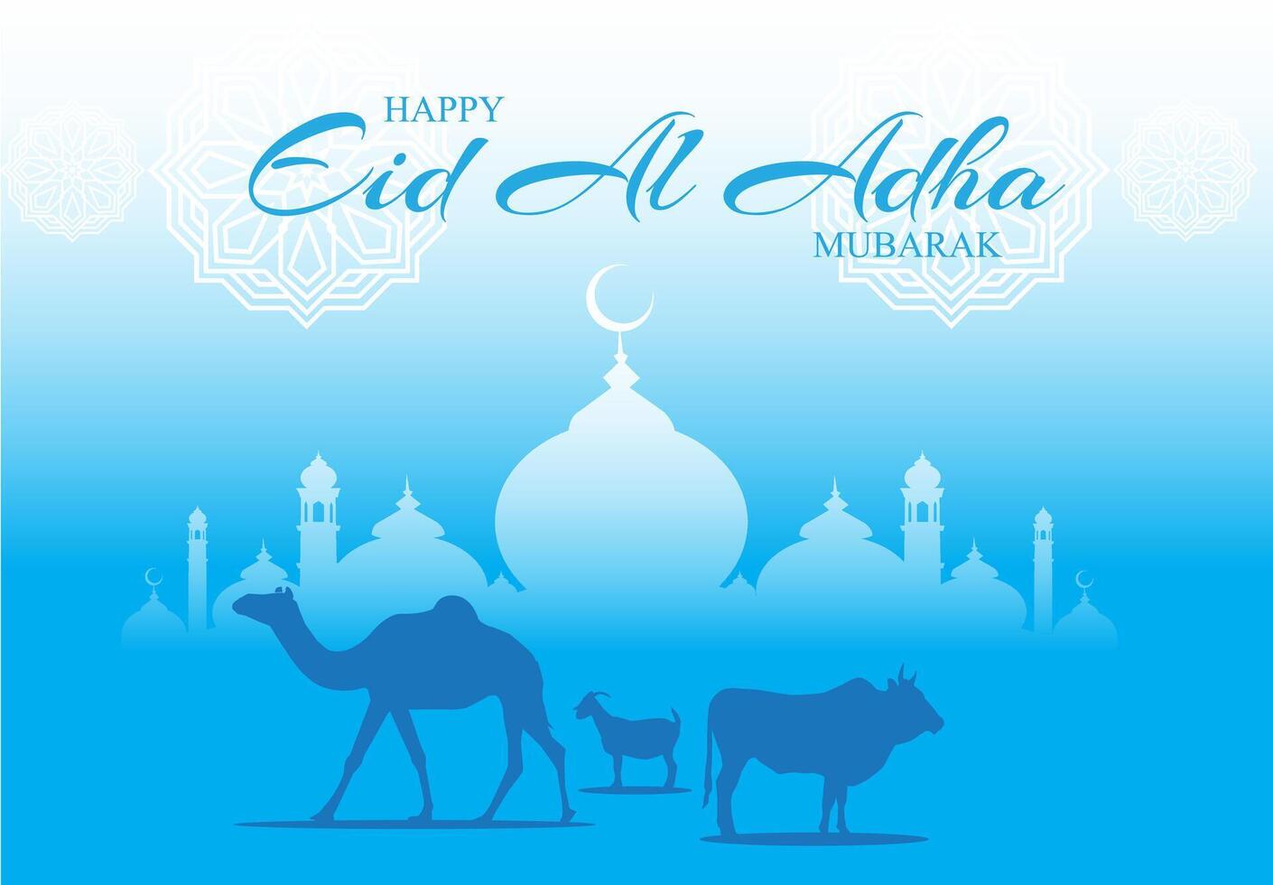 vector mosque camel cow goat lamb silhouette happy eid al adha mubarak ocean water aqua blue white sky cloud gradient background ornament arabic luxury