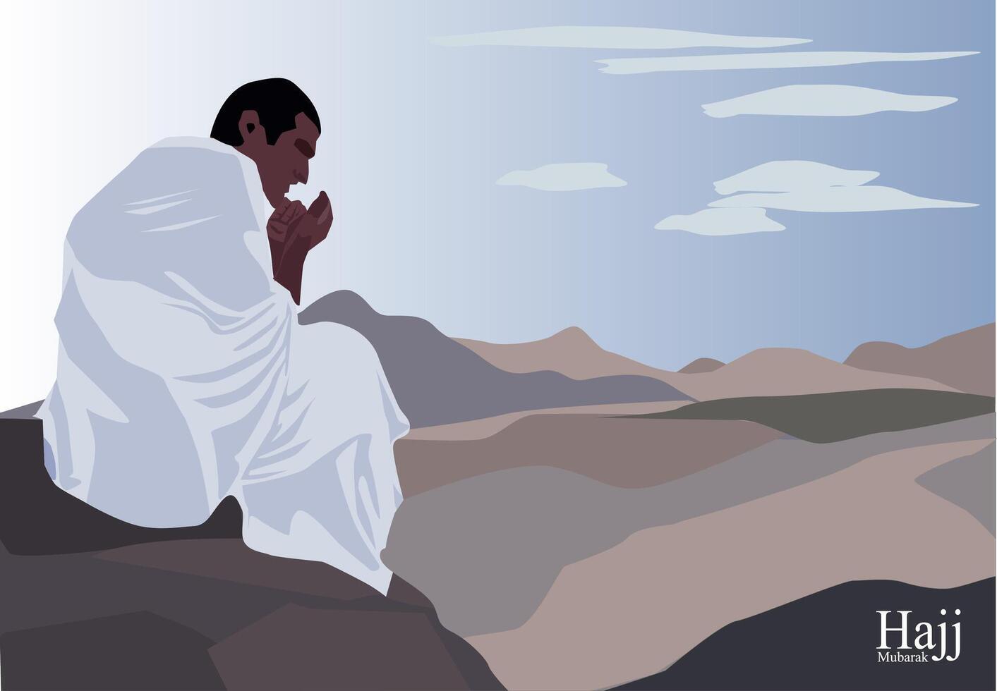 vector of a man wearing of ihrom praying with focus khusyuk on hajj pray Waqoof stay in Arafat light blue sky