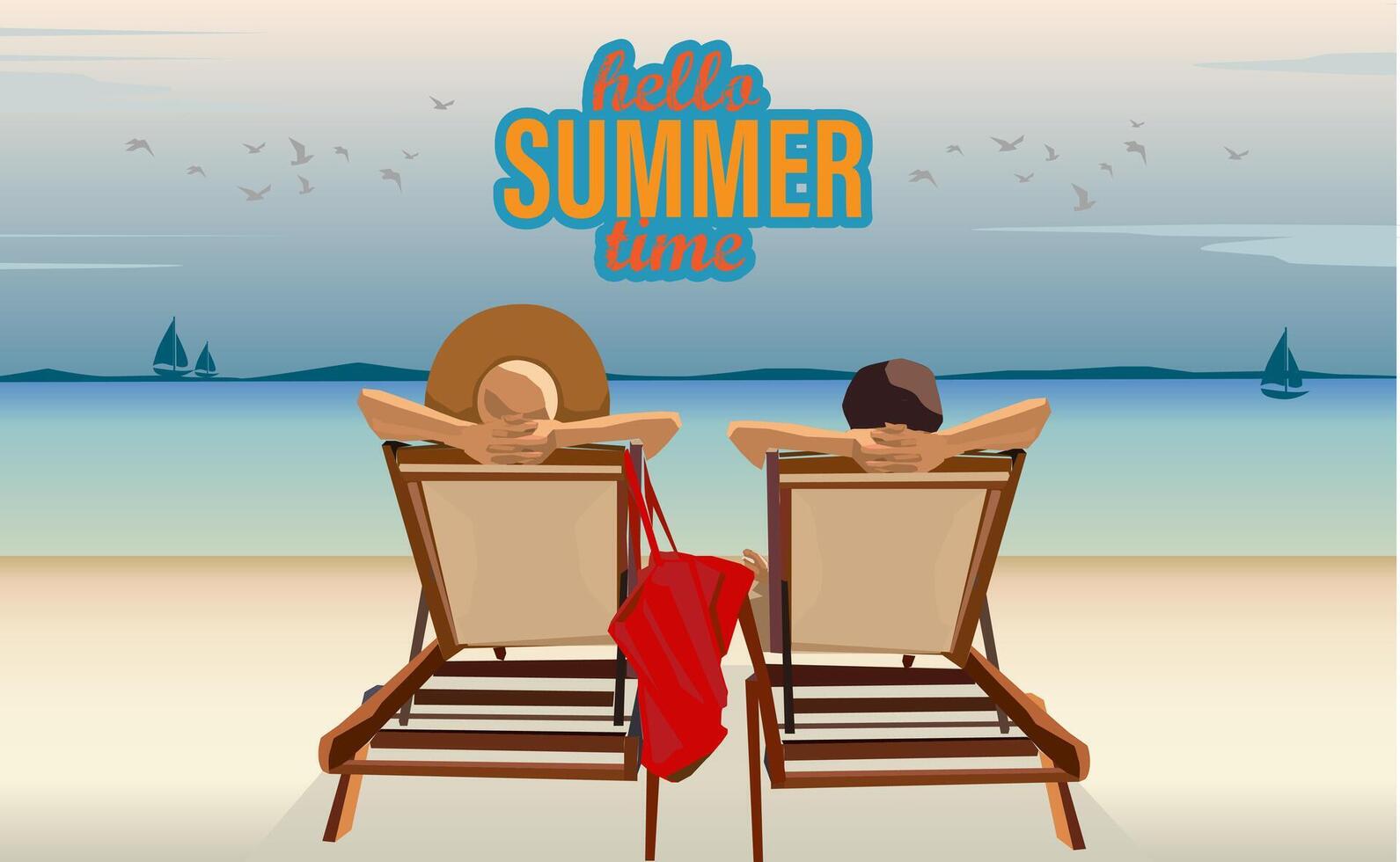 vector back pose male and female couple in round hats casually and handy bag lying enjoy sunbathe on beach chairs celebrating summer time