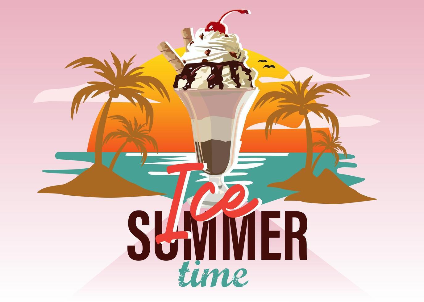 vector ice cream gelato view coconut trees island sand sea sunset birds cloudy summer time beach view silhouette bowl ice cream glass cherry chocolate delicious pink gradient background