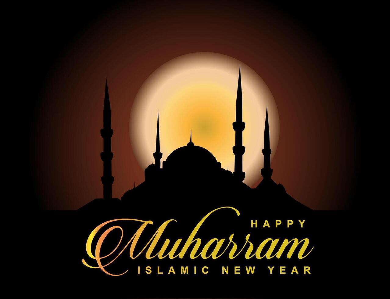 vector mosque silhouette celebrate happy muharram sun moon black night dark background