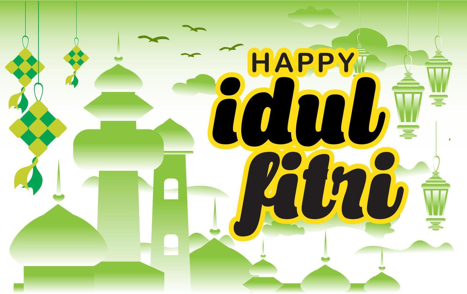 vector happy idul fitri mosque silhouette lantern arabic kupat hanger sky cloudy birds fresh green background