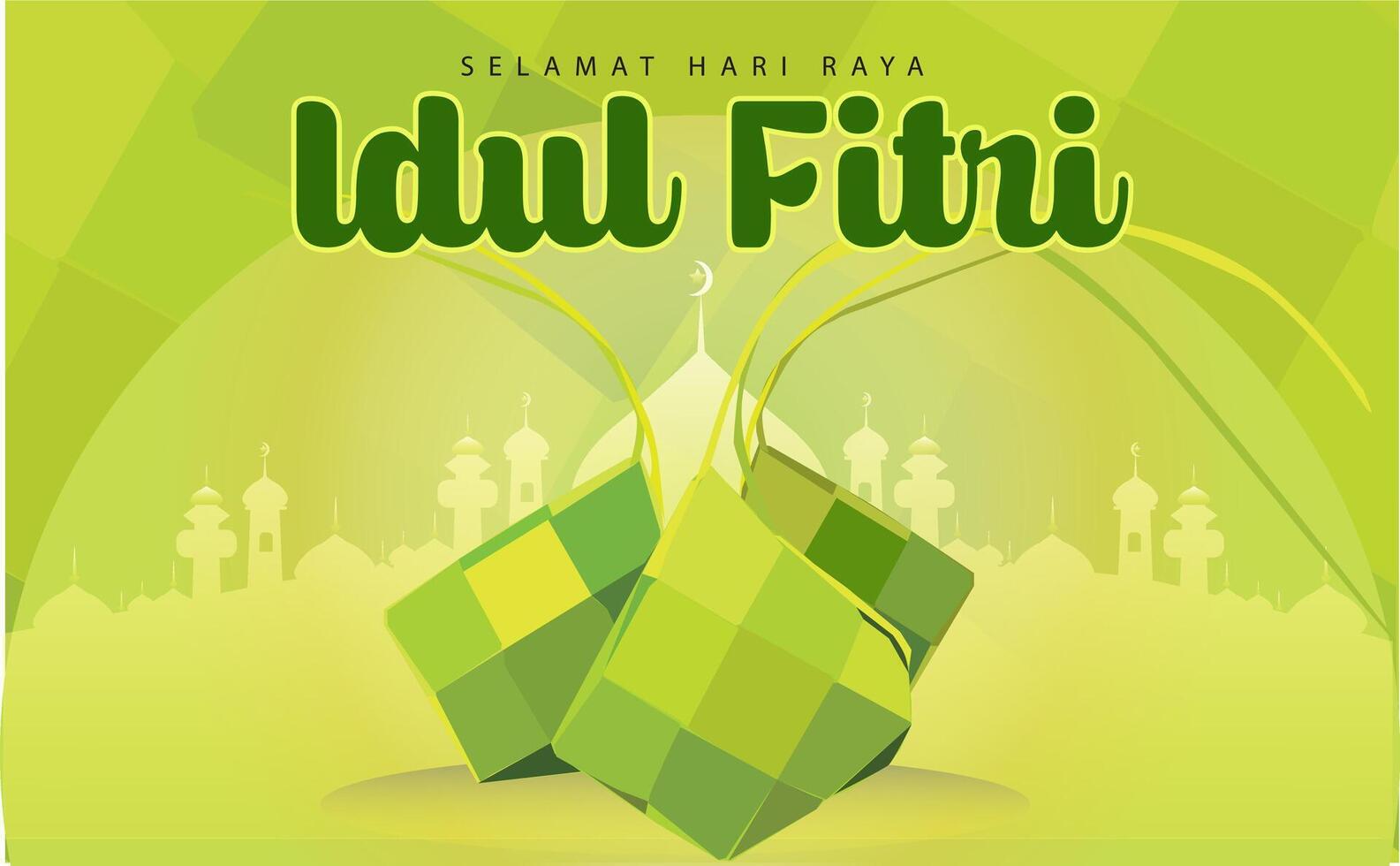 vector ketupat kupat illustration symbol of celebrating happy idul fitri with mosque silhoutte green gradient background and ketupat leaf skin